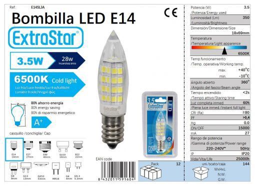 LÂMPADA LED DE TORRE 360o 3.5W E14 68X18mm 6500k LED  3.5W