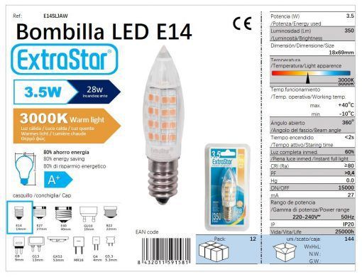 LÂMPADA LED DE TORRE 360o 3.5W E14 68X18mm 3000k LED  3.5W