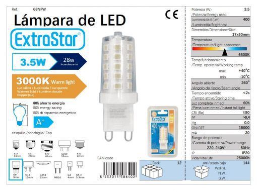 LÂMPADA LED G9 3.5W 360o LUZ QUENTE 3000K CJ144 LED G9 3.5W