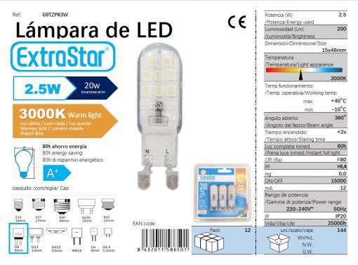 LÂMPADA LED G9 220-240V 2.5W 360o LUZ QUENTE PACK-3 LED G9 2.5W