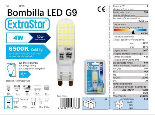 LÂMPADA LED G9 PLANO 4W 270o 350LM 6400K LUZ DIA LED G9 4W