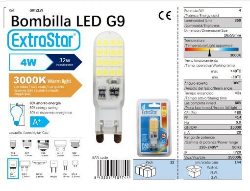 LÂMPADA LED G9 PLANO 4W 270o 350LM 3000K LUZ QUENTE LED G9 4W