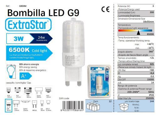 LÂMPADA LED G9 3W 360o REGULABLE 6500K LUZ DIA CJ LED G9 3W