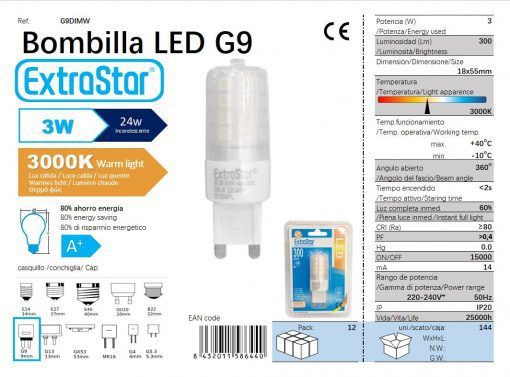 LÂMPADA LED G9 3W 360o REGULABLE 3000K LUZ QUENTE LED G9 3
