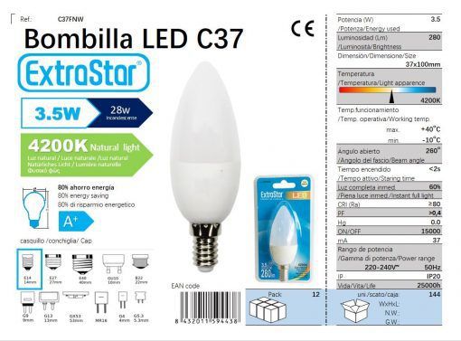 LÂMPADA LED VELA 3.5W E14 280LM 4200K LUZ NATURAL LED  3.5W