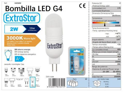 LÂMPADA LED G4 12v 2W LUZ QUENTE CJ144 LED G4 2W