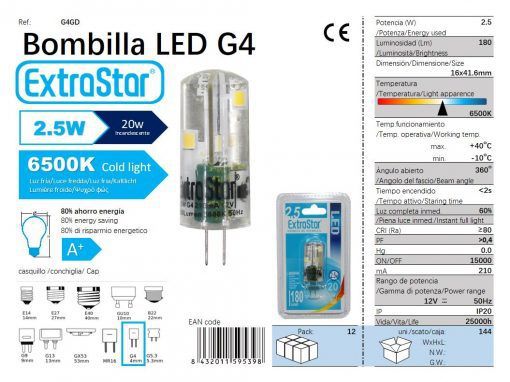 LÂMPADA LED G4 12V 2.4W 360o SELICOMA LUZ DIA LED G4 2.5W