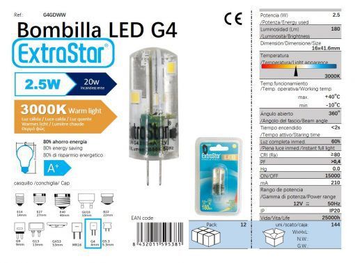 LÂMPADA LED G4 12V 2.4W 360o SILICOMA LUZ QUENTE LED G4 2.5W