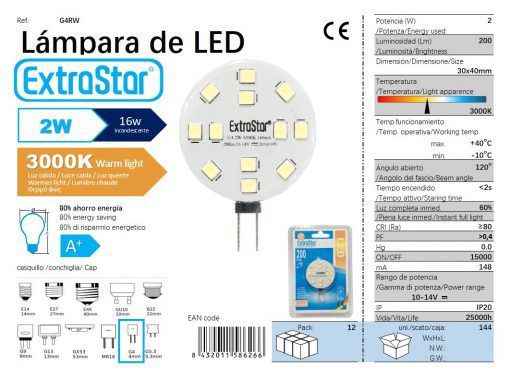 LÂMPADA LED G4 10-14V 2W 120o REDONDO 3000K LUZ C LED G4 2W