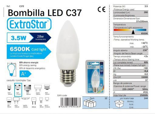 LÂMPADA LED VELA 3.5W E27 280LM 6500K LUZ DIA LED  3.5W