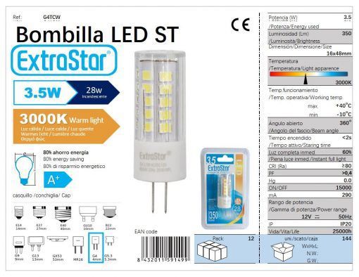 LÂMPADA LED G4 AC.DC12V 3W 360o 3000K LUZ QUENTE LED G4 3.5W