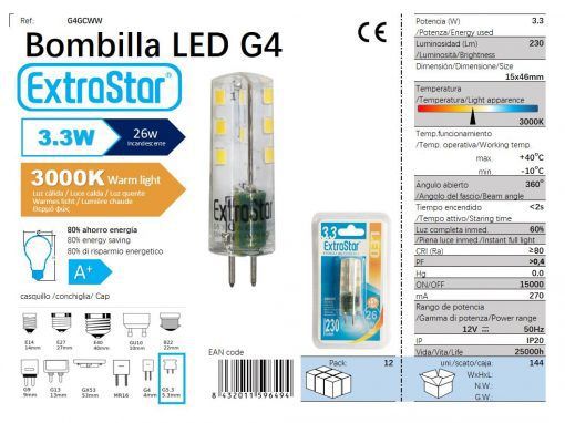 LÂMPADA LED MR16 JD5.3 12V 3.3W 360o LUZ QUENTE LED G4 3.3W