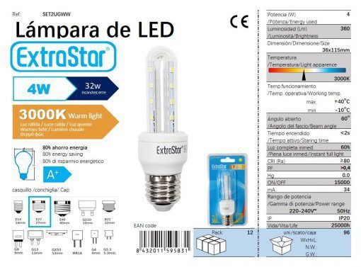 LÂMPADA LED 2U E27 4W 3000K CJ96   4W