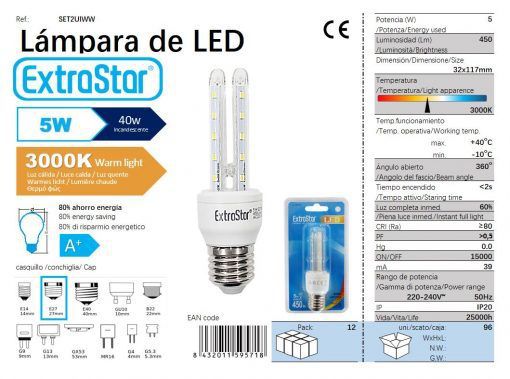 LÂMPADA LED 2U E27 5W 3000K CJ96   4W