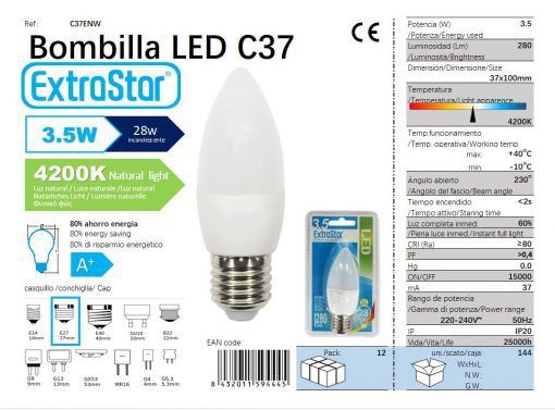 LÂMPADA LED VELA 3.5W E27 280LM 4200K LUZ NATURAL LED  3.5W
