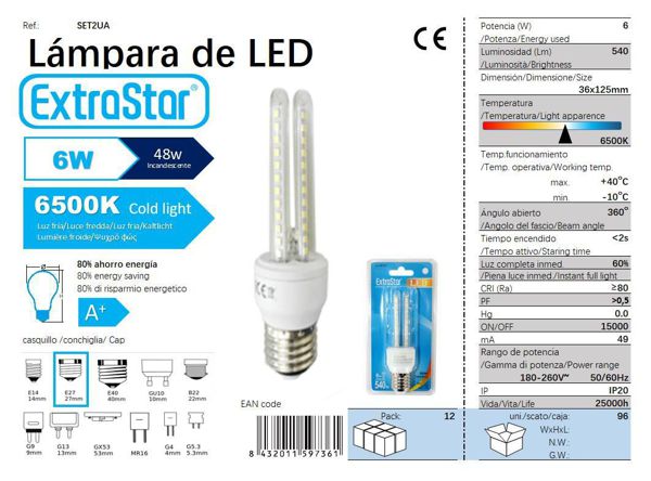 LÂMPADA LED 2U E27 6W 6400K CJ96   6W