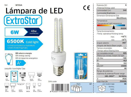 LÂMPADA LED 2U E27 6W 6400K CJ96   6W