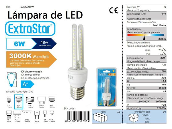 LÂMPADA LED 2U E27 6W 3000K CJ96   6W