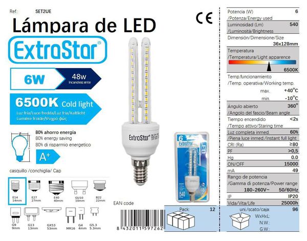 LÂMPADA LED 2U E14 6W 6400K CJ96   6W