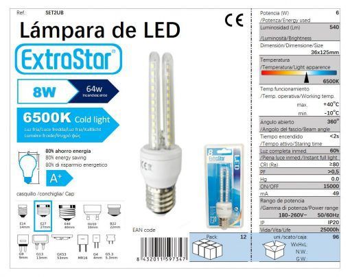 LÂMPADA LED 2U E27 8W 6400K CJ96   8W