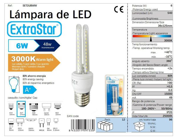 LÂMPADA LED 2U E27 8W 3000K CJ96   8W