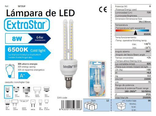 LÂMPADA LED 2U E14 8W 6400K CJ96   8W