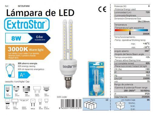 LÂMPADA LED 2U E14 8W 3000K CJ96   8W