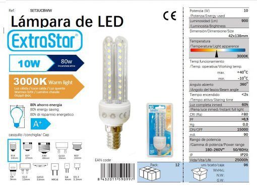 LÂMPADA LED 3U E14 10W 3000K LUZ QUENTE CJ96   10W