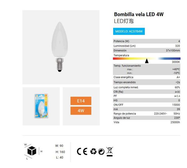 LÂMPADA LED VELA 4W E14 3000K LUZ QUENTE CJ144 LED  4W