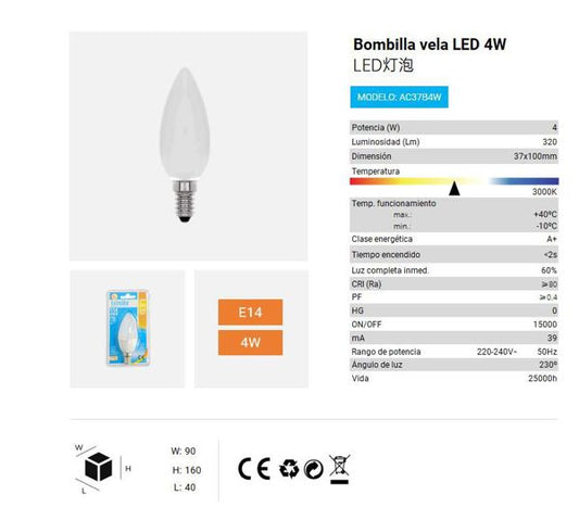 LÂMPADA LED VELA 4W E14 3000K LUZ QUENTE CJ144 LED  4W