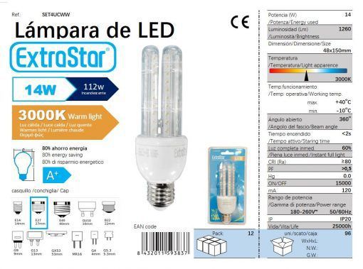 LÂMPADA LED 4U E27 14W 3000K LUZ QUENTE CJ96   14W