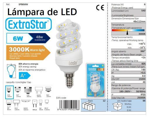 LÂMPADA LED ESPIRAL E14 6W 3000K CJ96 LED  6W