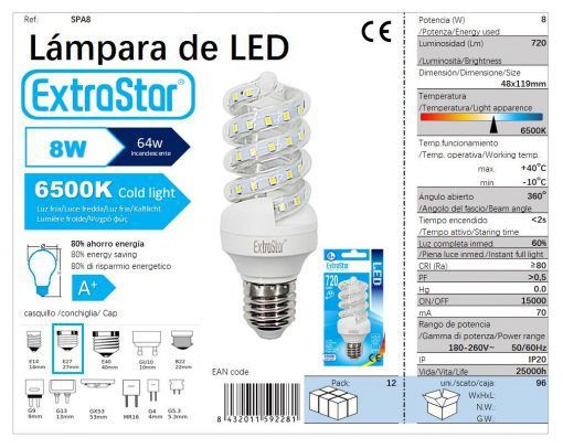 LÂMPADA LED ESPIRAL E27 8W 6400K CJ96 LED  8W