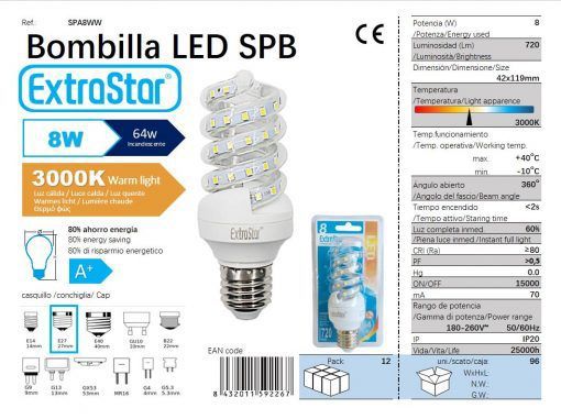 LÂMPADA LED ESPIRAL E27 8W 3000K CJ96 LED  8W