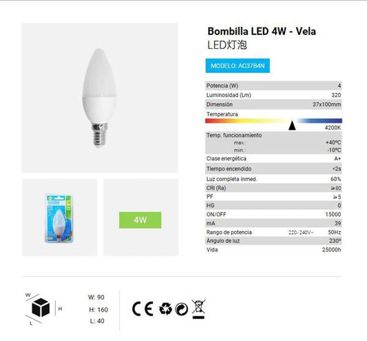 LÂMPADA LED VELA 4W E14 4200K LUZ NATURAL CJ144 LED  4W