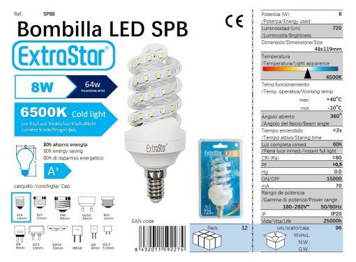 LÂMPADA LED ESPIRAL E14 8W 6400K CJ96 LED  8W