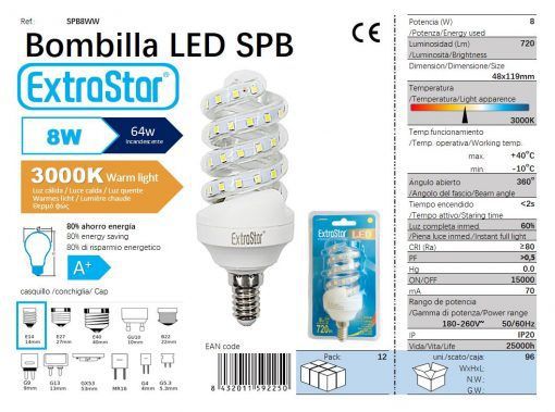 LÂMPADA LED ESPIRAL E14 8W 3000K CJ96 LED  8W