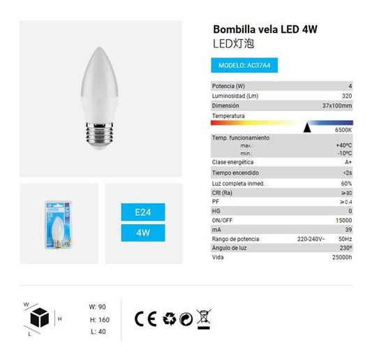 LÂMPADA LED VELA 4W E27 280LM 6500K LUZ FRIA LED  4W