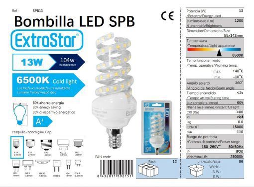 LÂMPADA LED ESPIRAL E14 13W 6500K CJ96 LED  13W