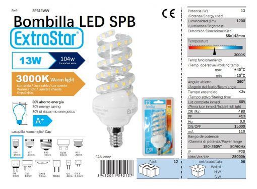 LÂMPADA LED ESPIRAL E14 13W 3000K CJ96 LED  13W