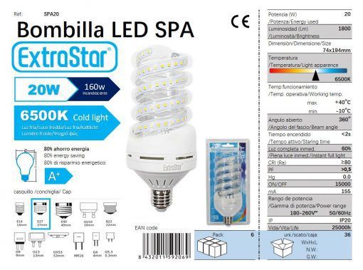 LÂMPADA LED ESPIRAL E27 20W 6500K CJ36 LED  20W