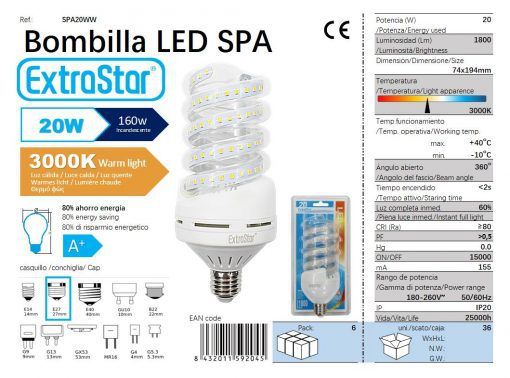LÂMPADA LED ESPIRAL E27 20W 3000K CJ36 LED  20W