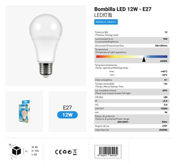 LÂMPADA BOLA LED A60 12WE27 6500K LUZ FRIA CJ96 LED  12W