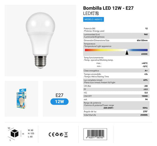 LÂMPADA BOLA LED A60 12WE27 6500K LUZ FRIA CJ96 LED  12W