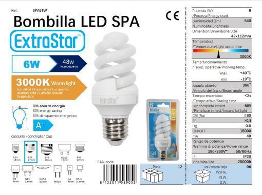 LÂMPADA LEDESPIRAL TRANSLUCIDO E27 6W 3000K CJ96 LED  6W