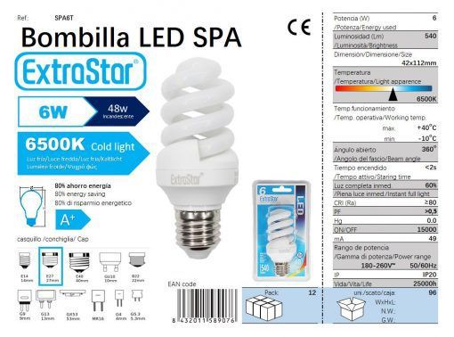 LÂMPADA LEDESPIRAL TRANSLUCIDO E27 6W 6400K CJ96 LED  6W