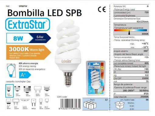 LÂMPADA LEDESPIRAL TRANSLUCIDA E14 8W 3000K CJ96   8W