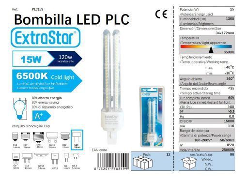 LÂMPADA PLC SMD 15W 2U 34X172MM 6400K LUZ DIA PLC G24 15W