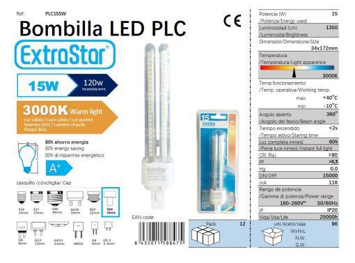 LÂMPADA PLC SMD 15W 2U 34X172MM 3000K LUZ QUENTE PLC G24 15W