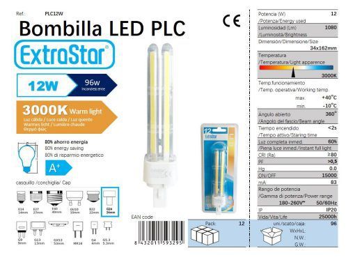 LÂMPADA PLC COB 12W 2U 34X162MM 3000K LUZ QUENTE PLC G24 12W